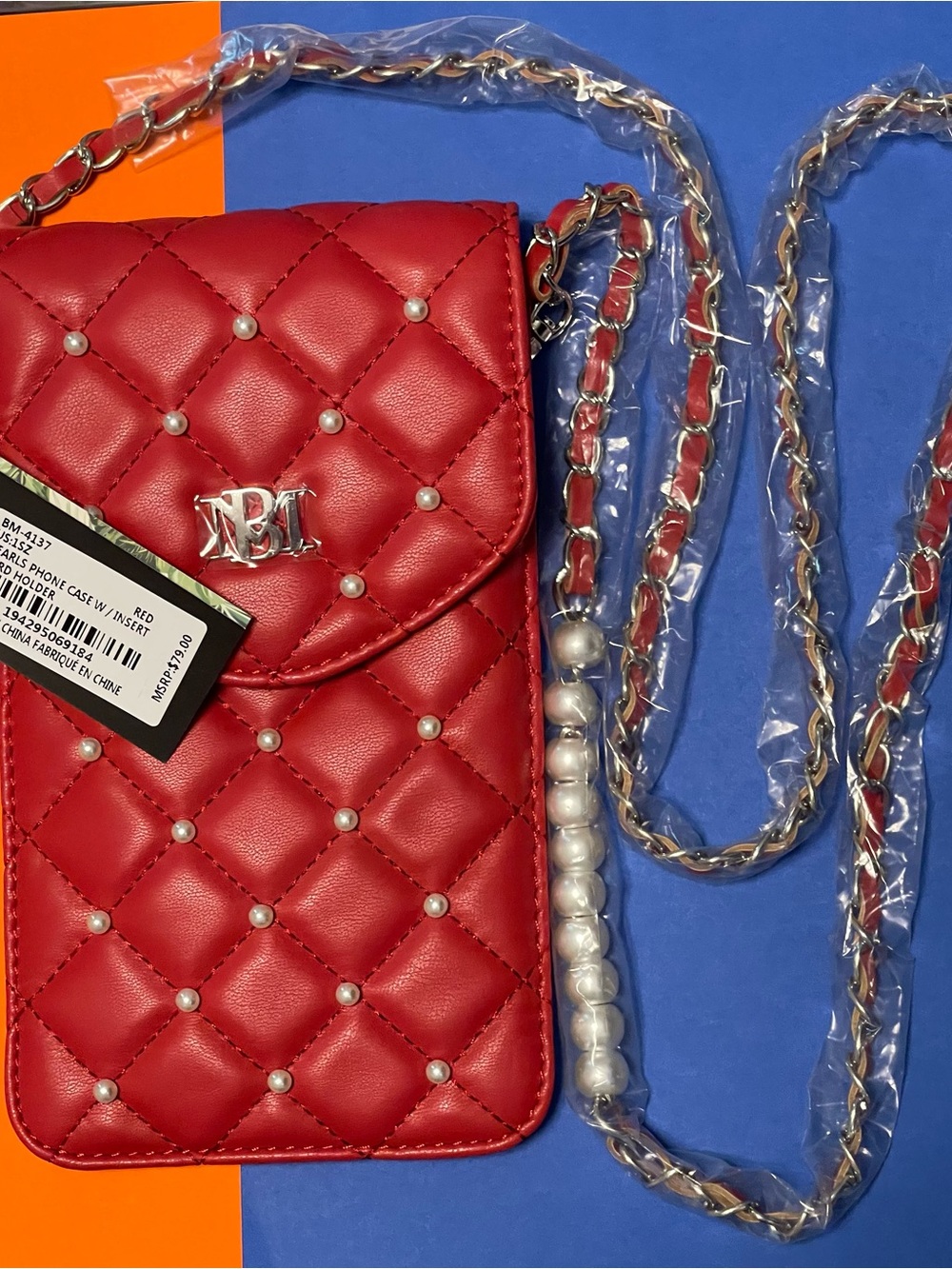 Badgley Mischka Red Quilted Crossbody Phone Bag with Pearl Studs